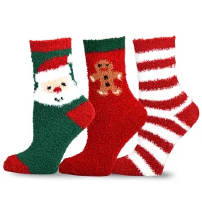 TeeHee Socks Women's Fuzzy Polyester Crew Santa and Stripe 3-Pack (11861)