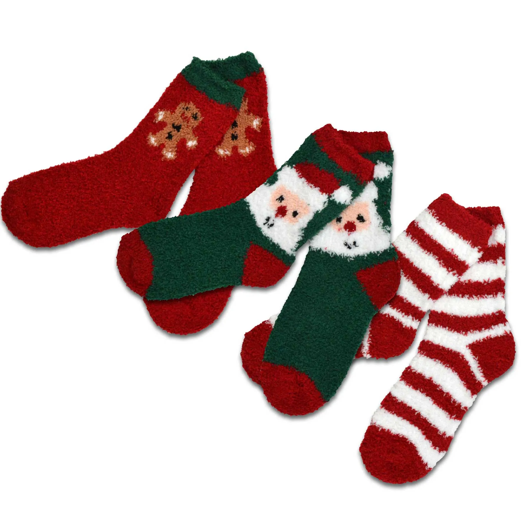 TeeHee Socks Women's Fuzzy Polyester Crew Santa and Stripe 3-Pack (11861)