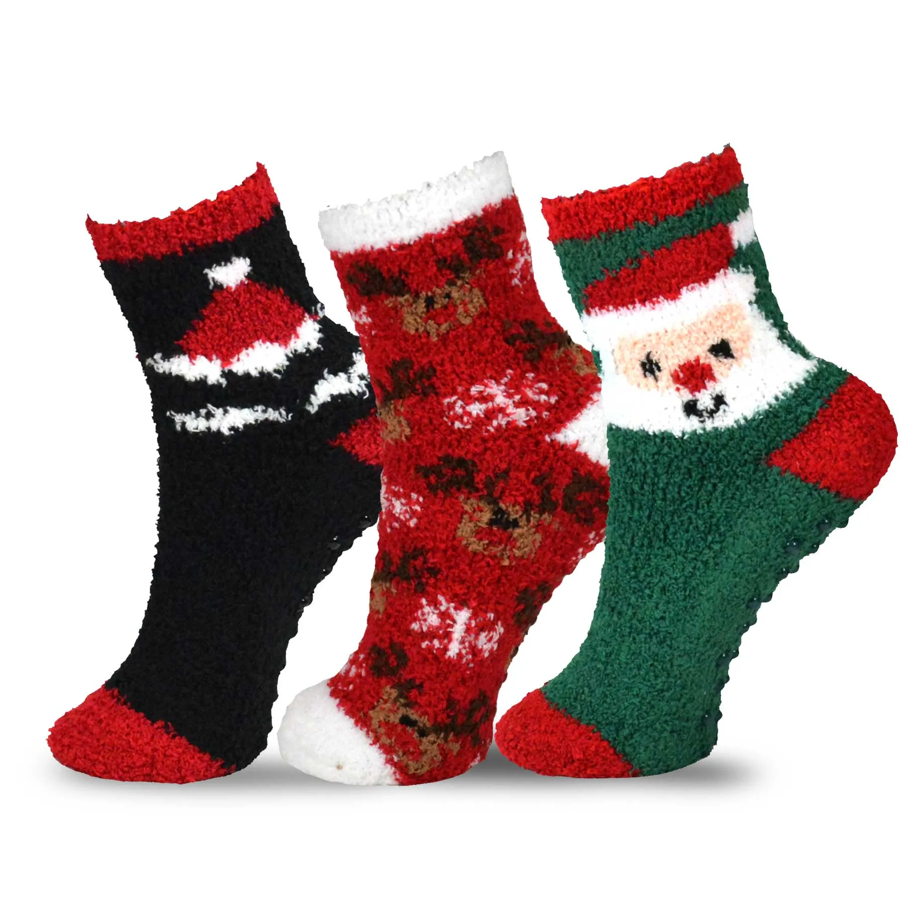 TeeHee Socks Women's Fuzzy Polyester Crew Santa/Deer 3-Pack (11862)