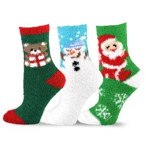 TeeHee Socks Women's Fuzzy Polyester Crew Santa/Snowman 3-Pack (12078)