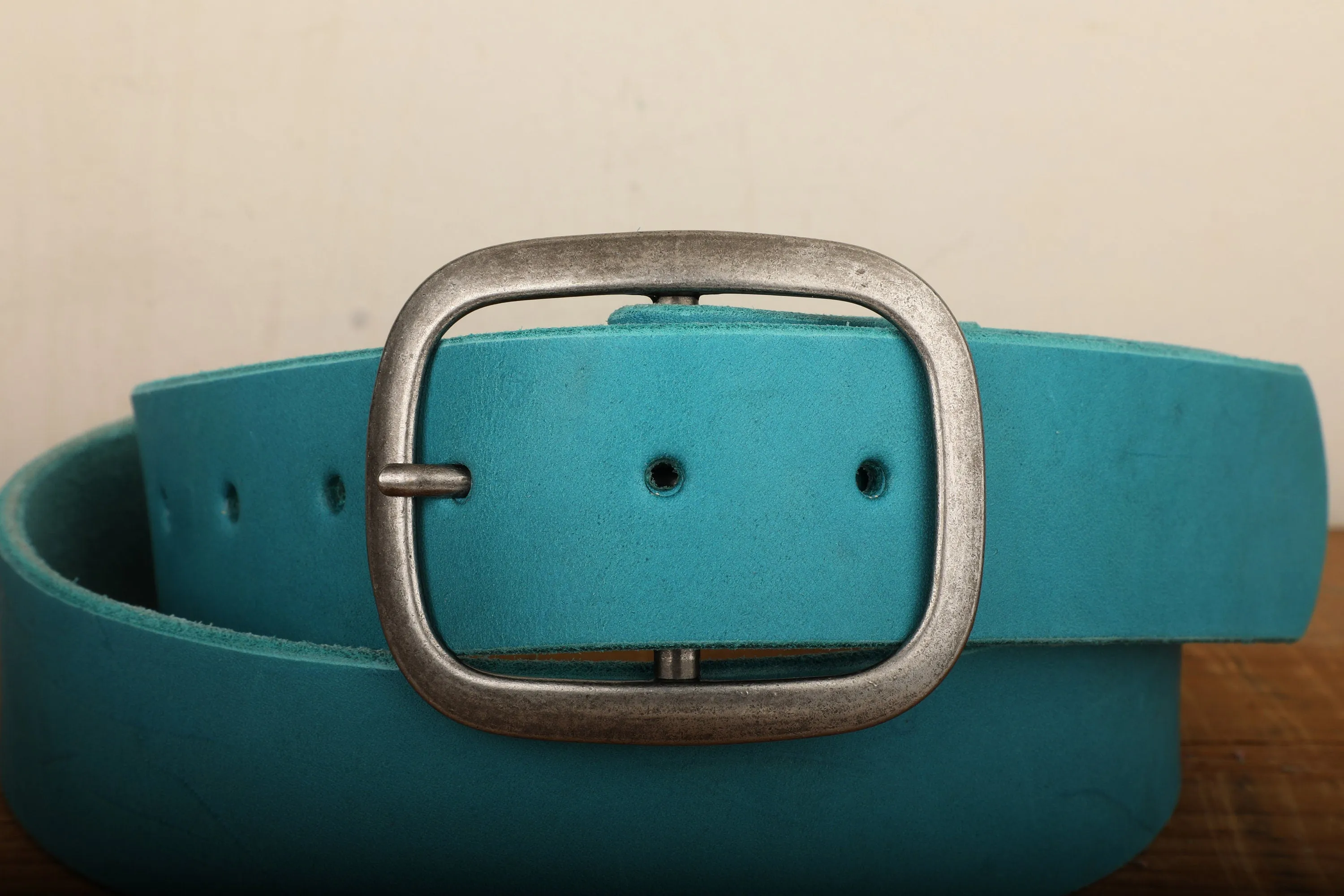 Turquoise Leather Belt Snap Closure - Handmade in USA - Unisex Wide Antique Silver Tone Nickel Buckle