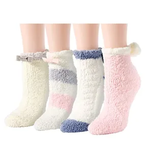 Women Fuzzy Anti-Slip Socks, Non Slip Fluffy Slipper Socks for Girls with Grippers, Cozy Gifts For Her 4 Pairs