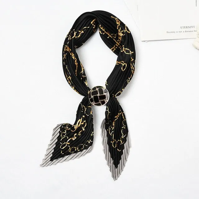 Women Pleated Chic Houndstooth Bandana Crinkle Silk Neck Scarf New Design Office Lady Neck wear Fashion Print Foulard