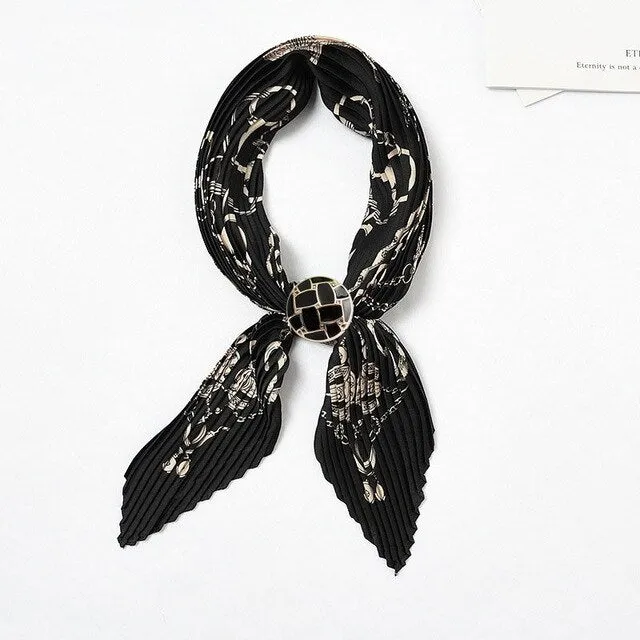 Women Pleated Chic Houndstooth Bandana Crinkle Silk Neck Scarf New Design Office Lady Neck wear Fashion Print Foulard