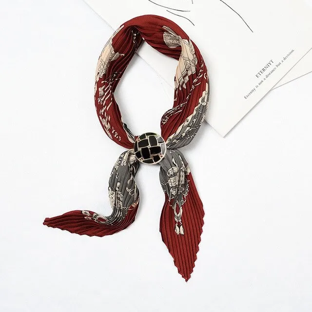 Women Pleated Chic Houndstooth Bandana Crinkle Silk Neck Scarf New Design Office Lady Neck wear Fashion Print Foulard