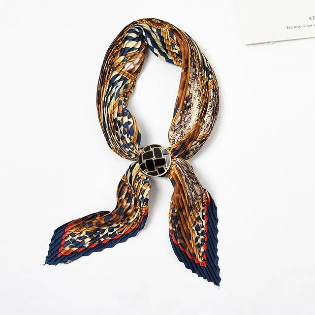 Women Pleated Chic Houndstooth Bandana Crinkle Silk Neck Scarf New Design Office Lady Neck wear Fashion Print Foulard