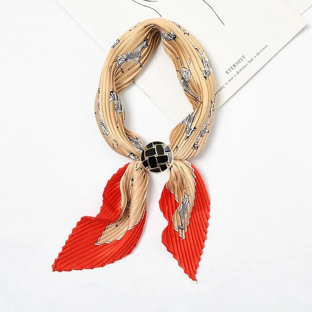 Women Pleated Chic Houndstooth Bandana Crinkle Silk Neck Scarf New Design Office Lady Neck wear Fashion Print Foulard