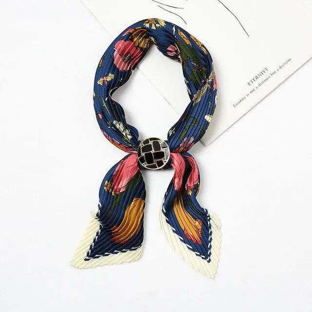 Women Pleated Chic Houndstooth Bandana Crinkle Silk Neck Scarf New Design Office Lady Neck wear Fashion Print Foulard