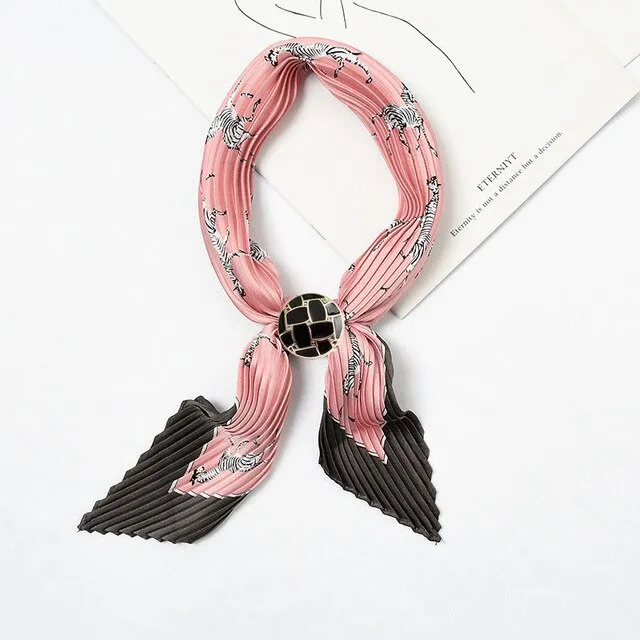 Women Pleated Chic Houndstooth Bandana Crinkle Silk Neck Scarf New Design Office Lady Neck wear Fashion Print Foulard