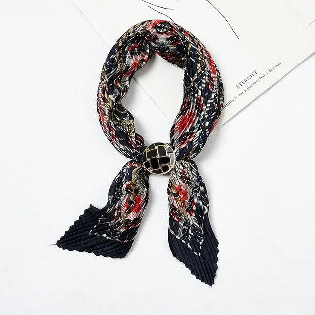 Women Pleated Chic Houndstooth Bandana Crinkle Silk Neck Scarf New Design Office Lady Neck wear Fashion Print Foulard