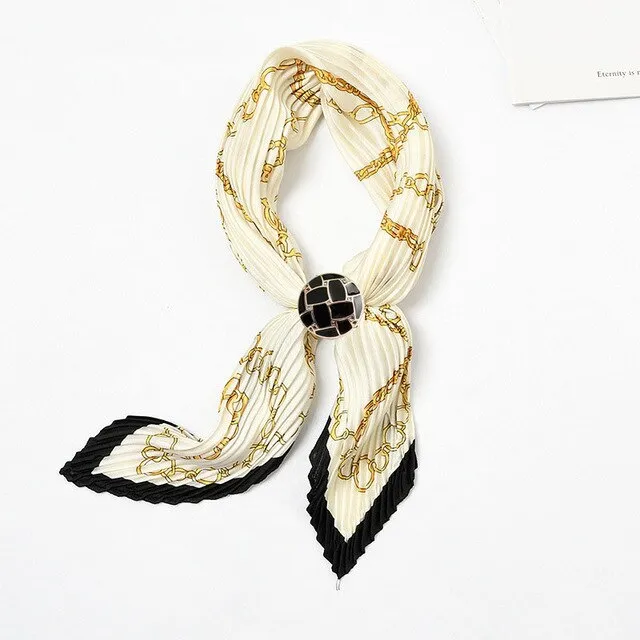 Women Pleated Chic Houndstooth Bandana Crinkle Silk Neck Scarf New Design Office Lady Neck wear Fashion Print Foulard