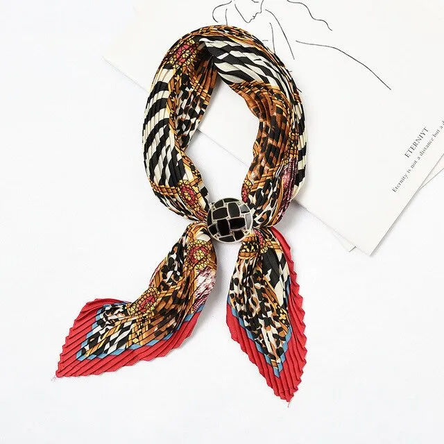 Women Pleated Chic Houndstooth Bandana Crinkle Silk Neck Scarf New Design Office Lady Neck wear Fashion Print Foulard