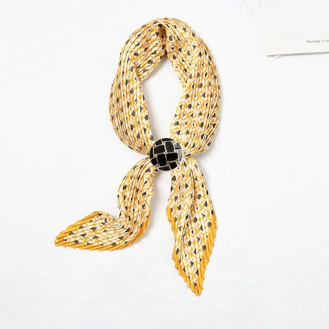 Women Pleated Chic Houndstooth Bandana Crinkle Silk Neck Scarf New Design Office Lady Neck wear Fashion Print Foulard