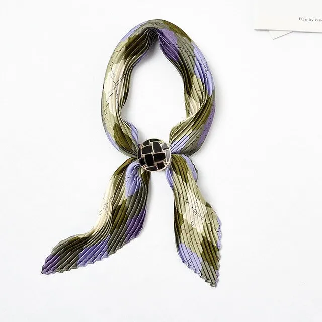 Women Pleated Chic Houndstooth Bandana Crinkle Silk Neck Scarf New Design Office Lady Neck wear Fashion Print Foulard