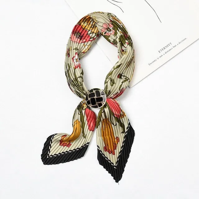 Women Pleated Chic Houndstooth Bandana Crinkle Silk Neck Scarf New Design Office Lady Neck wear Fashion Print Foulard