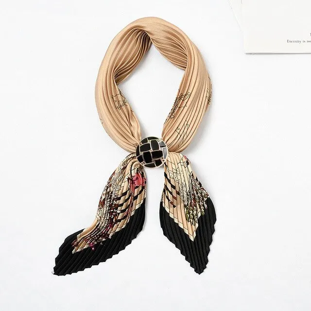 Women Pleated Chic Houndstooth Bandana Crinkle Silk Neck Scarf New Design Office Lady Neck wear Fashion Print Foulard