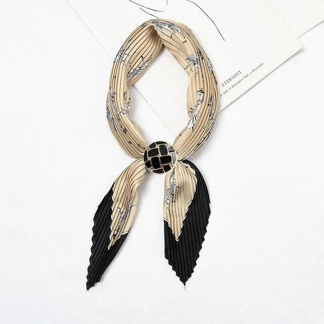 Women Pleated Chic Houndstooth Bandana Crinkle Silk Neck Scarf New Design Office Lady Neck wear Fashion Print Foulard