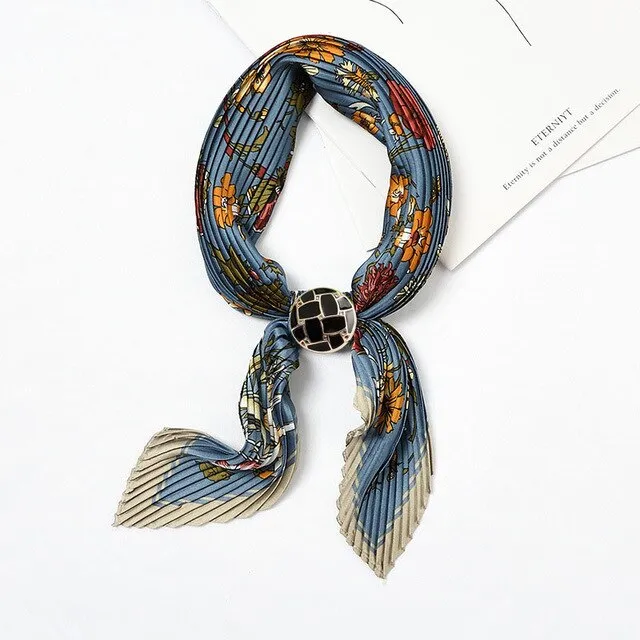 Women Pleated Chic Houndstooth Bandana Crinkle Silk Neck Scarf New Design Office Lady Neck wear Fashion Print Foulard