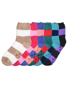 Womens Two-Tone Striped 6 Pack Winter Fuzzy Crew Socks